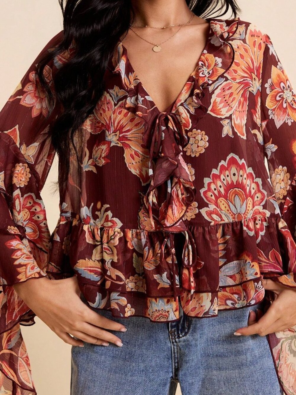 Multicolor Boho Women's V-Neck Long Sleeve Blouse with Ruffle Asymmetrical Hem - Picture 7 of 9